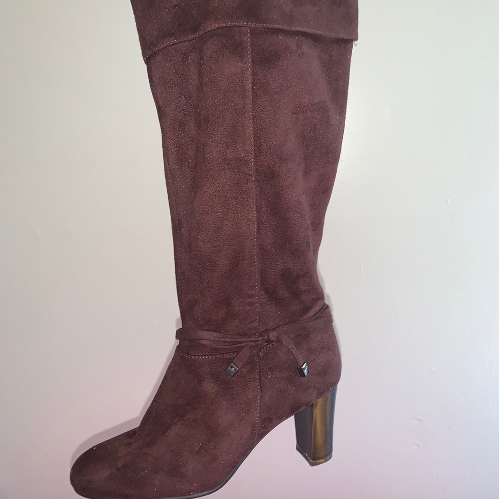 Brown suede knee high boots
